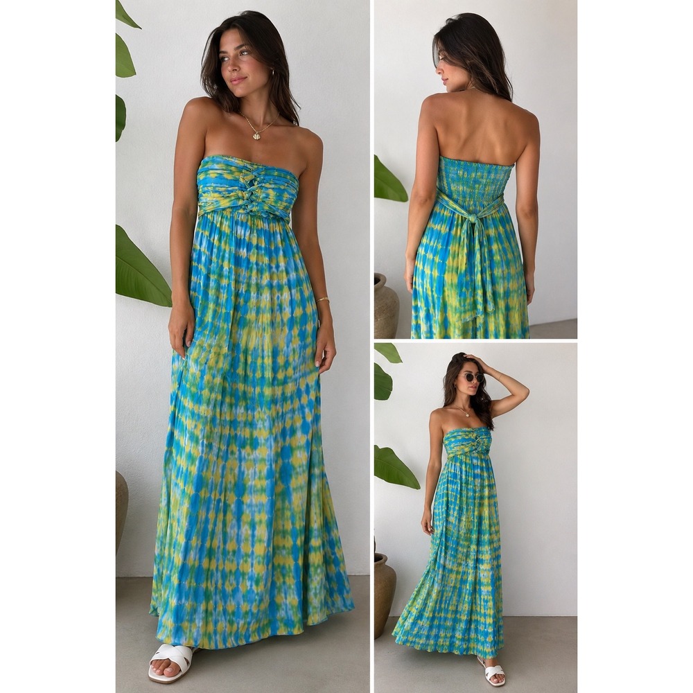 Pineapples Hawaii Blue Yellow Tie Dye Strapless Maxi Dress Size M Smocked Rayon
